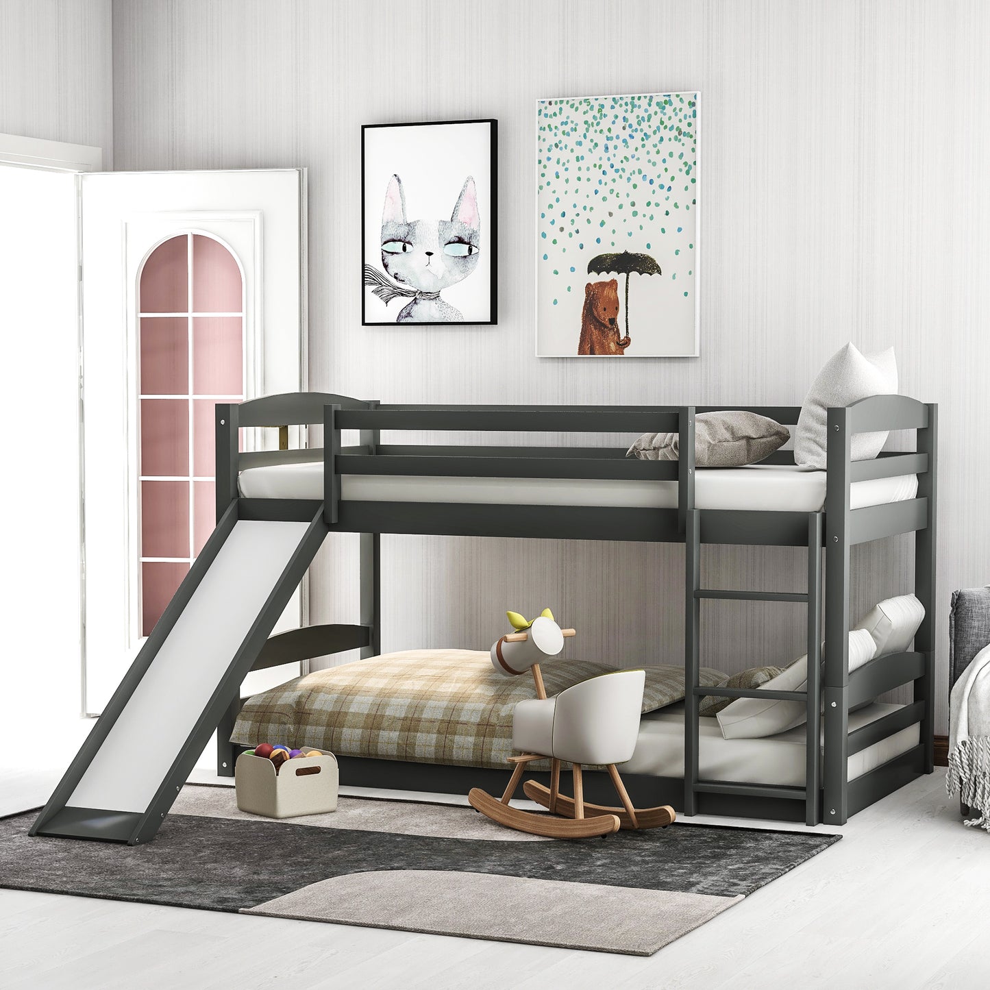 【Pottery Barn】Twin over Twin Low Bunk Bed with Slide and Ladder Gray
