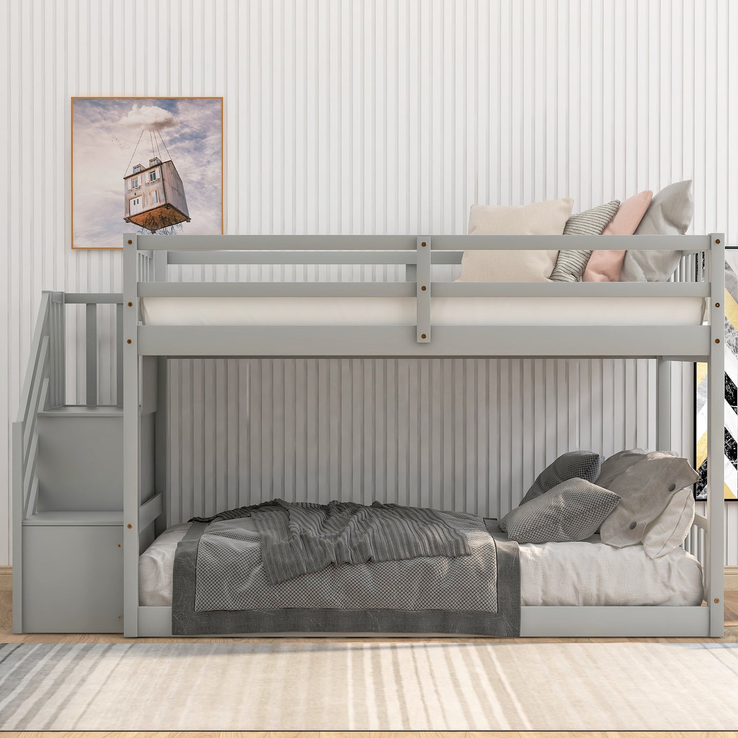 【Pottery Barn】Twin over Twin Floor Bunk Bed Gray